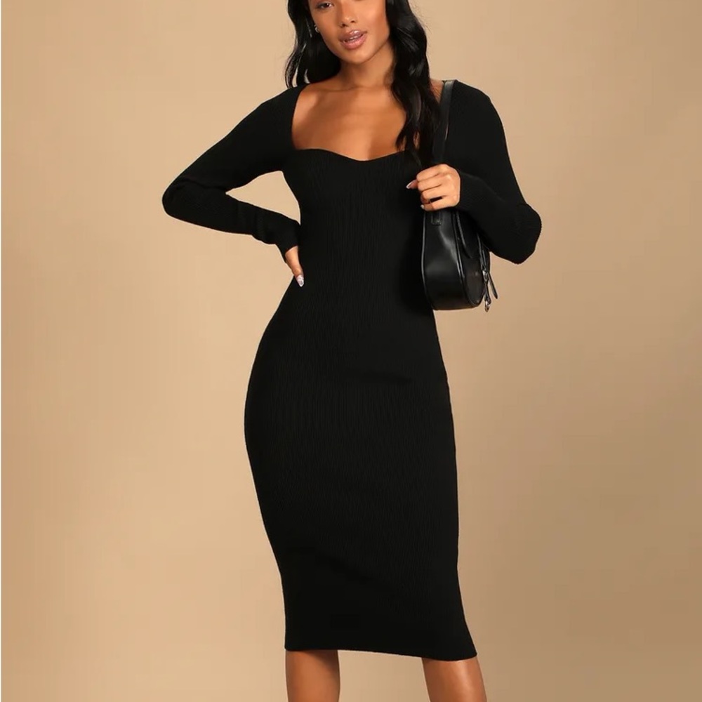 Lulus Fall Feelings Black Ribbed Bodycon Midi Dress